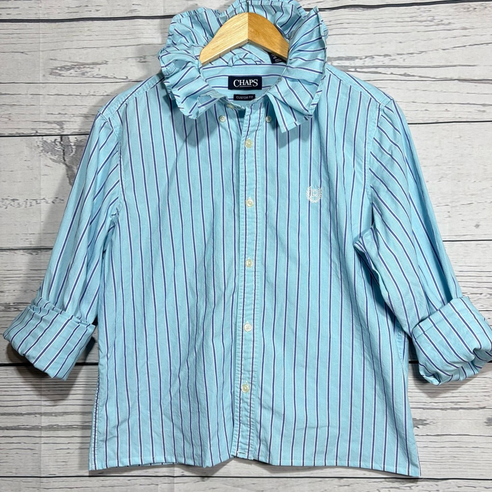 Upcycled Medium Shirt Ruffle Collar Teal Blue & Purple Preppy Feminine CUTE